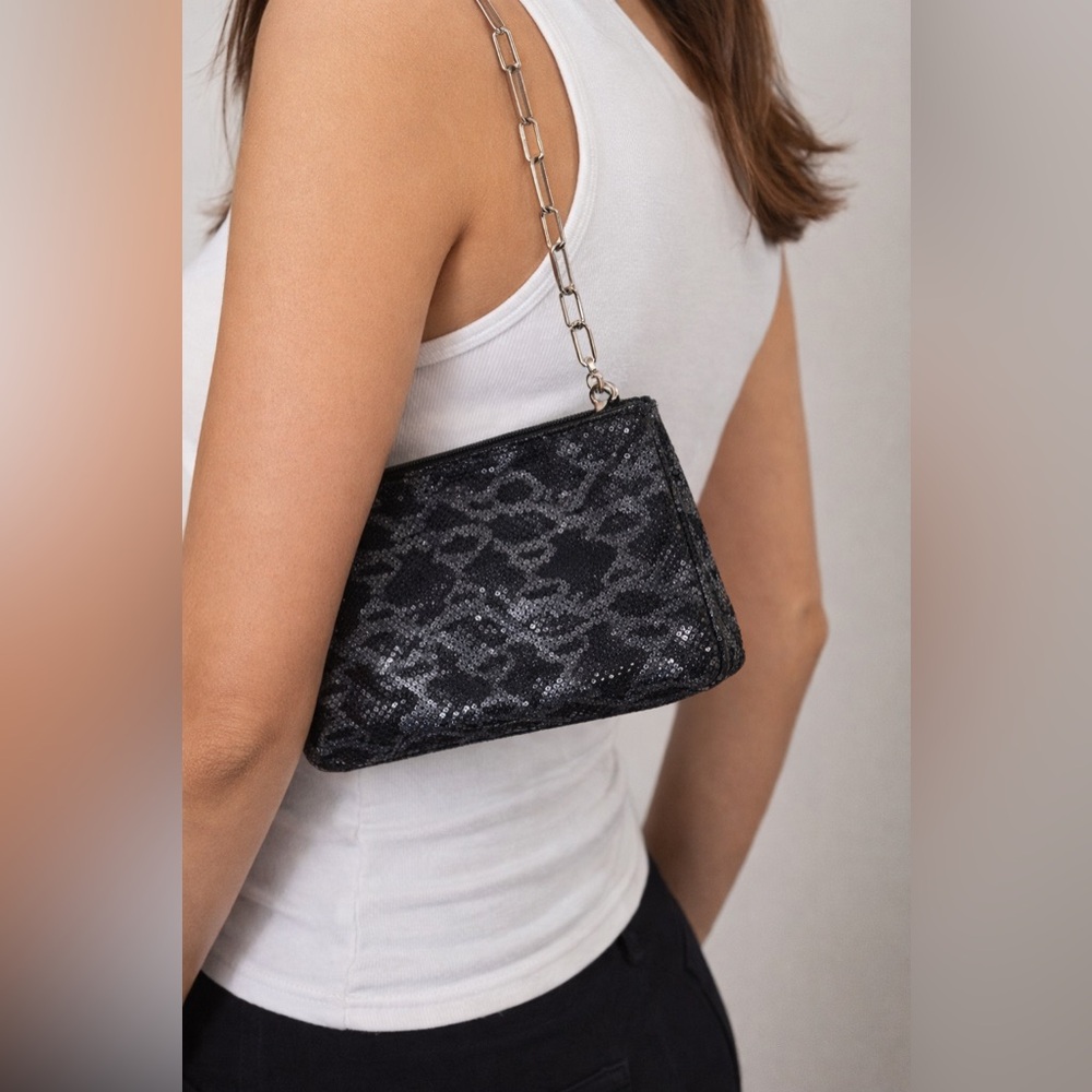 BCBG Paris Snake Skin Black Glitter Shoulder Bag Y2K Party💫OFFER IN DESCRIPTION